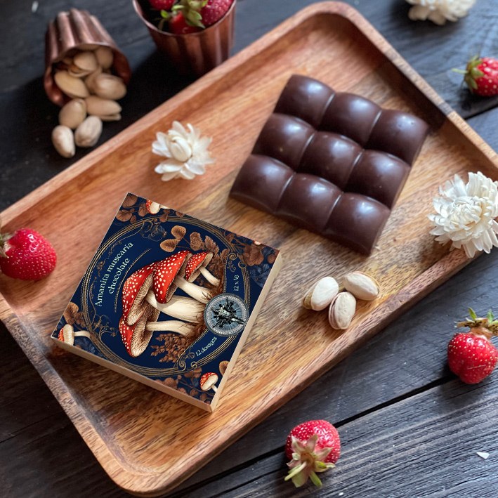 Mushroom chocolate on a wooden board